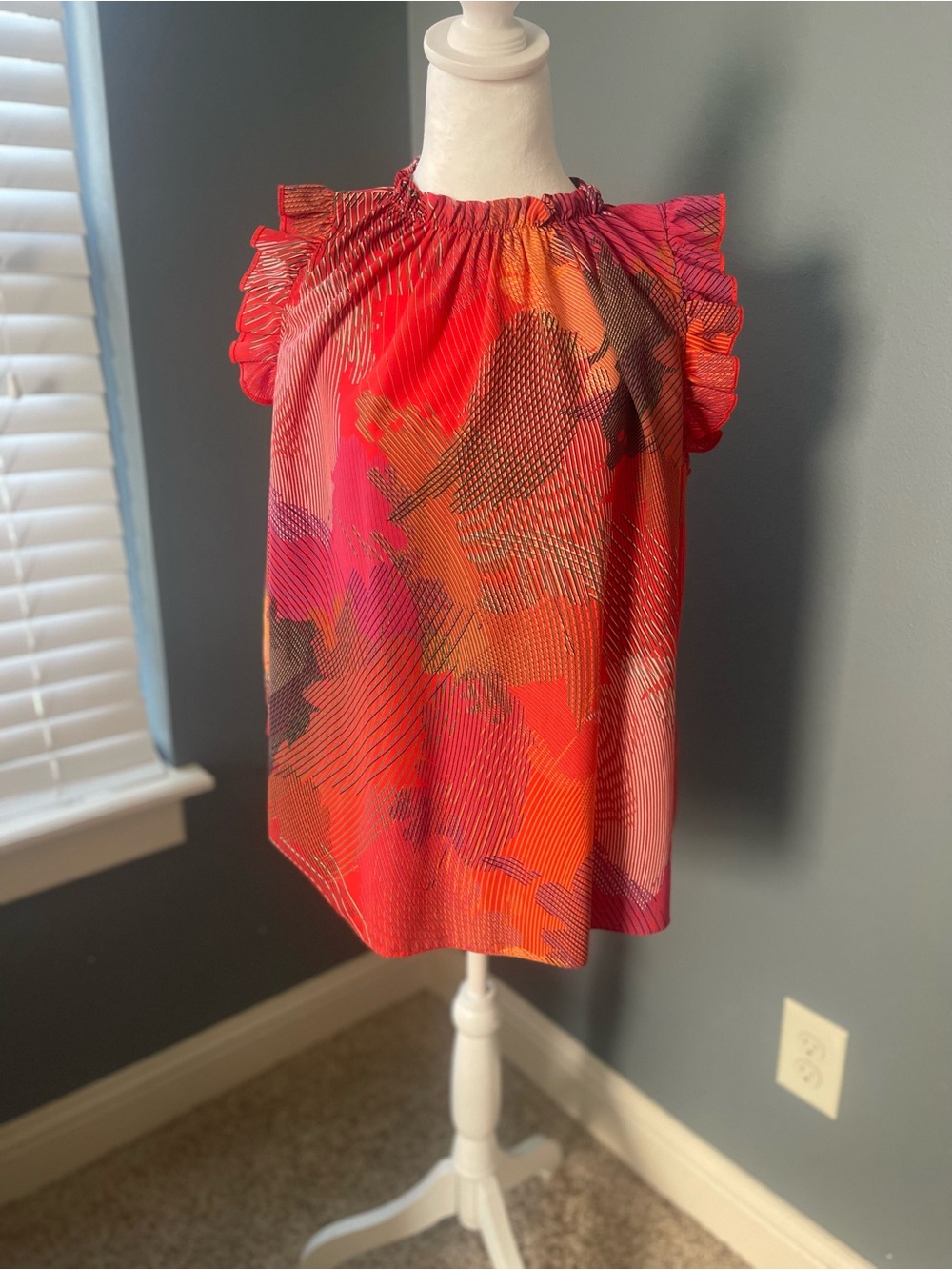 Ces Femme Abstract Floral Ruffle Neck Blouse Bright Coral Orange Pink